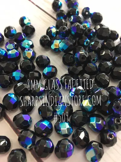 8MM GLASS FACETED 8FC509 OPAQUE BLACK AURORA BOREALIS