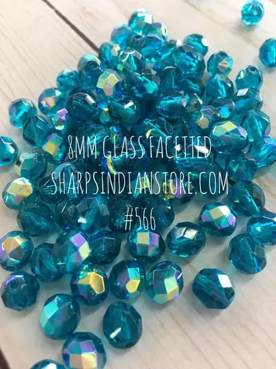8MM GLASS 566 DARK MEDIUM AQUA MARINE AURORA BOREALIS